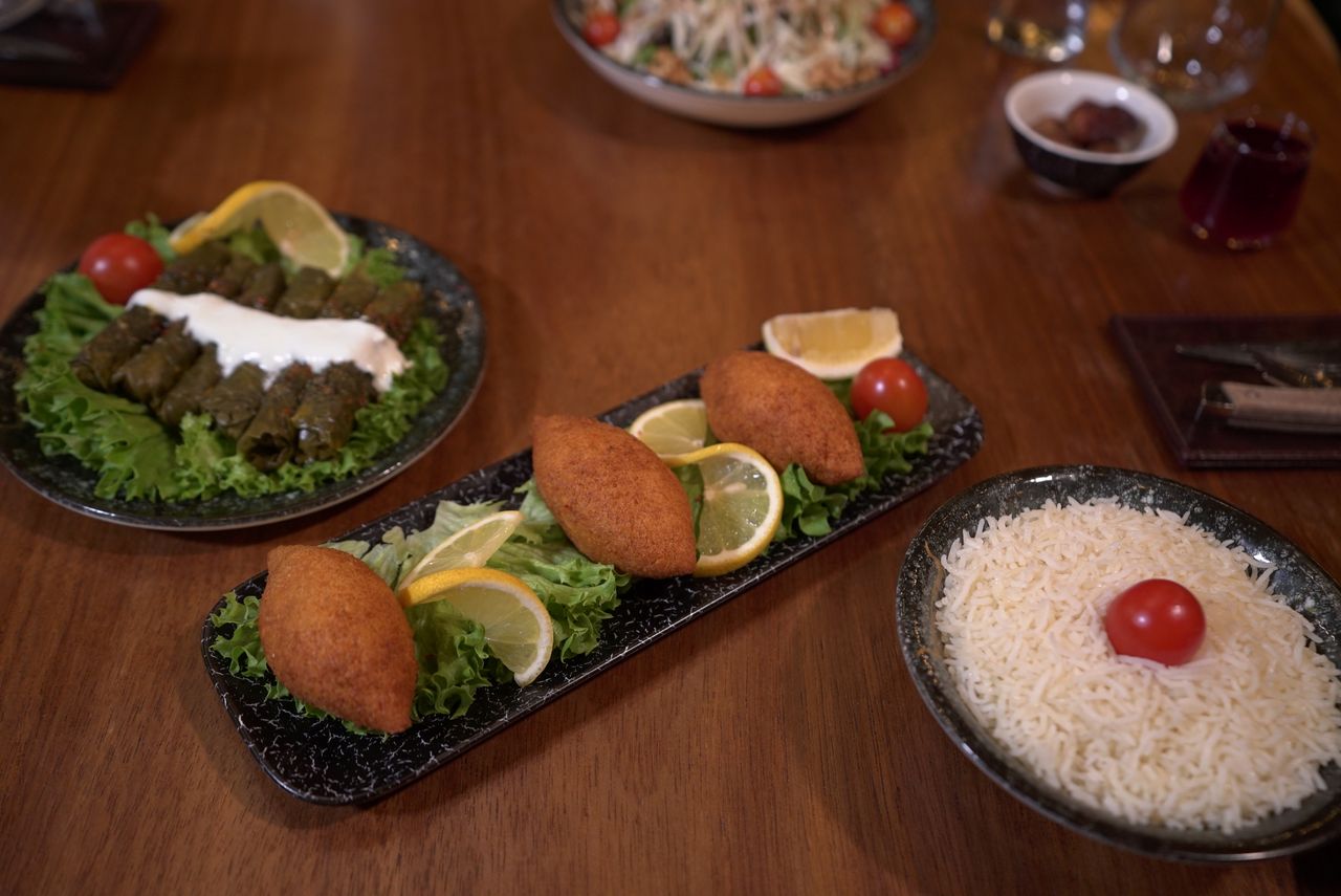 services-05 Delicious Middle Eastern dishes including kibbeh, dolma, and rice served with greens and lemon slices.